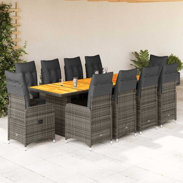 vidaXL Set Bistr&ograve; da Giardino 11 pz con Cuscini in Polyrattan Grigio