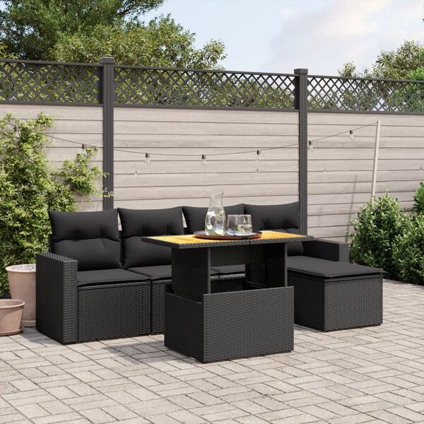 vidaXL Set Divano da Giardino 6 pz con Cuscini Nero in Polyrattan