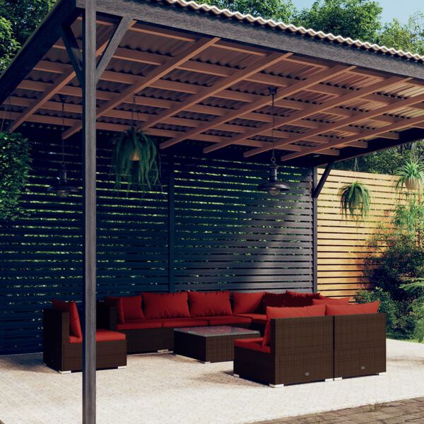 vidaXL Set Divani da Giardino 10 pz con Cuscini in Polyrattan Marrone