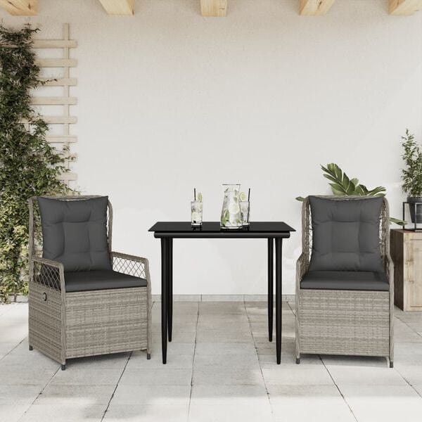 vidaXL Set Pranzo da Giardino 3pz con Cuscini Grigio Chiaro Polyrattan