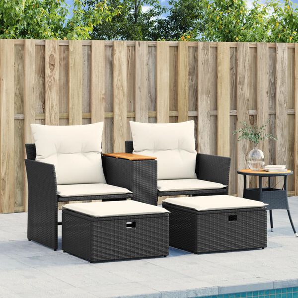 vidaXL Divano da Giardino 2 Posti con Sgabelli Nero in Polyrattan