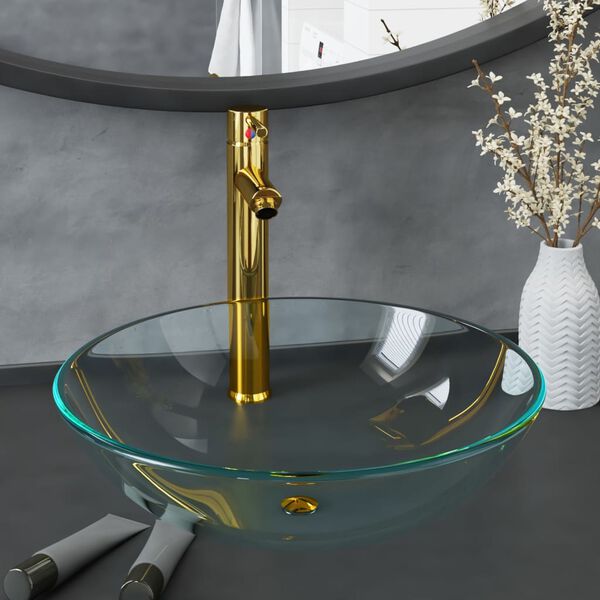 vidaXL Lavandino con Rubinetto e Piletta a Pressione Vetro Temperato