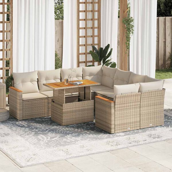 vidaXL Set Divano da Giardino 9 pz con Cuscini Beige Polyrattan Acacia
