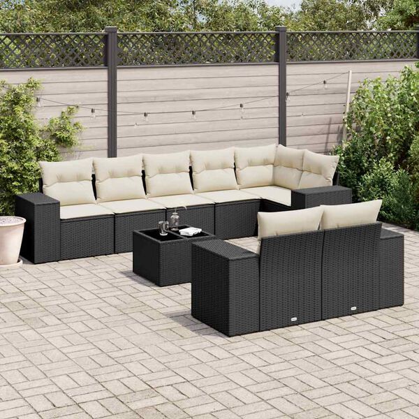 vidaXL Set Divani da Giardino 9 pz con Cuscini Nero in Polyrattan