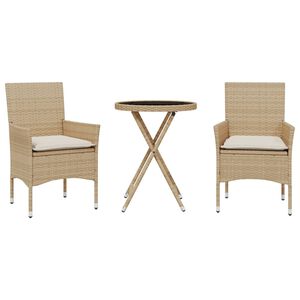 vidaXL Set da Bistr&ograve; 3 pz con Cuscini Beige Polyrattan e Vetro