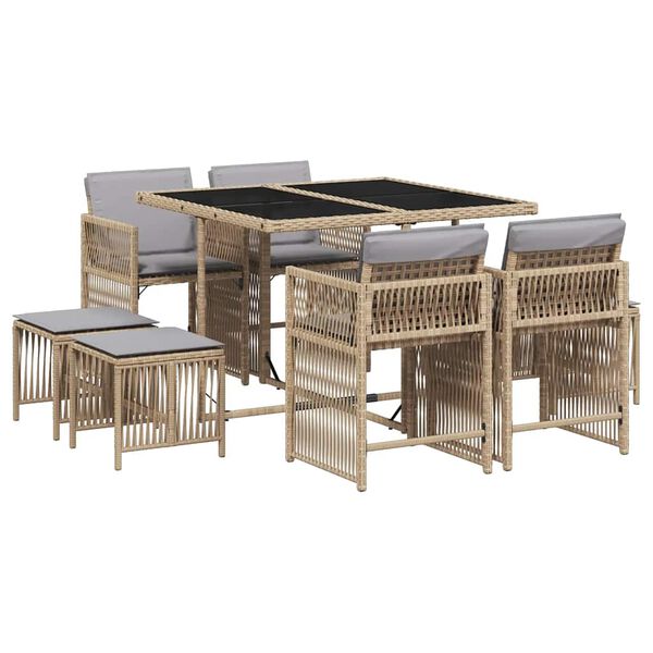 vidaXL Set Pranzo da Giardino 9 pz con Cuscini Beige Misto Polyrattan
