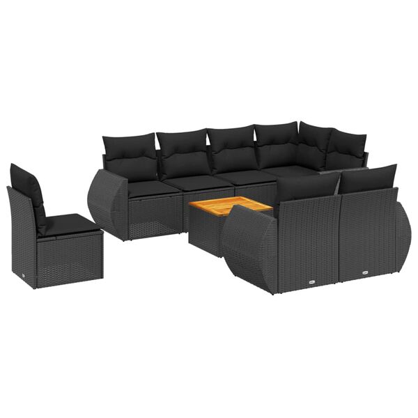 vidaXL Set Divani da Giardino 9 pz con Cuscini Nero in Polyrattan