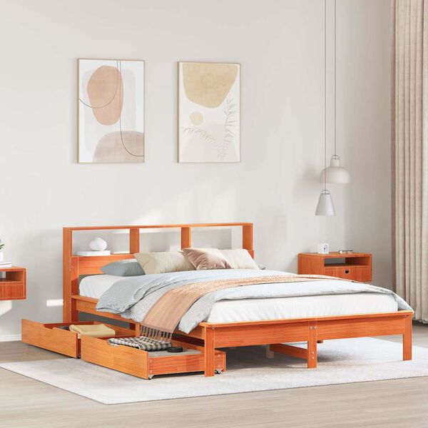 vidaXL Letto Libreria senza Materasso Marrone Cera 135x190 cm in Pino