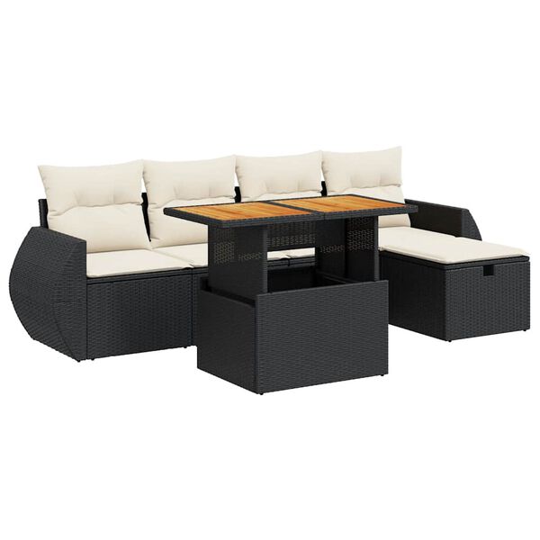 vidaXL Set Divano da Giardino 6 pz con Cuscini Nero Polyrattan Acacia