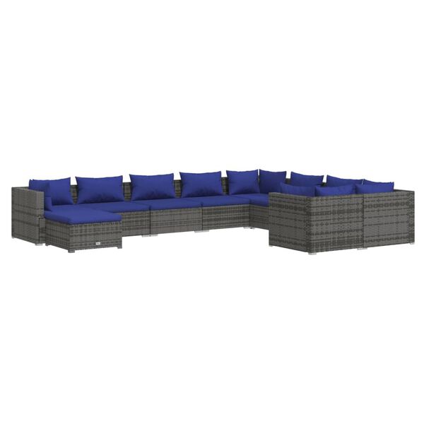 vidaXL Set Divani da Giardino 10 pz con Cuscini in Polyrattan Grigio