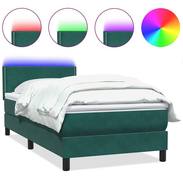 vidaXL Letto a Molle con Materasso e LED Verde Scuro 90x220 cm Velluto