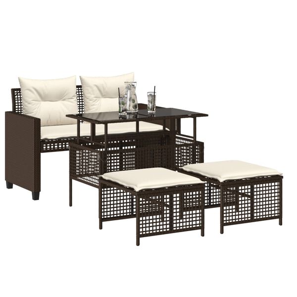 vidaXL Set Divano da Giardino 4 pz Cuscini Marrone Polyrattan e Vetro