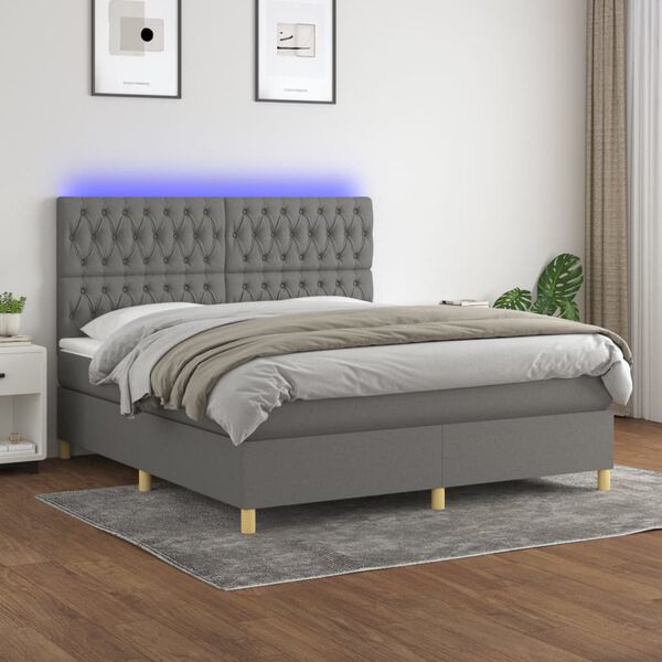 vidaXL Letto a Molle Materasso e LED Grigio Scuro 180x200cm in Tessuto