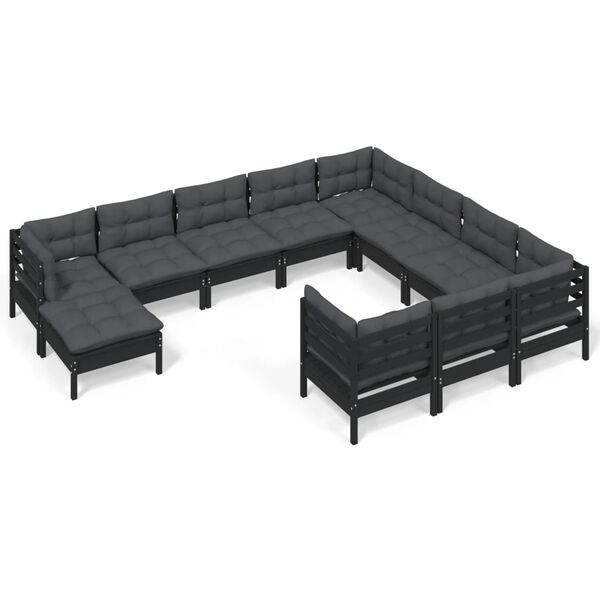 vidaXL Set Divani da Giardino 11 pz con Cuscini Massello di Pino Nero