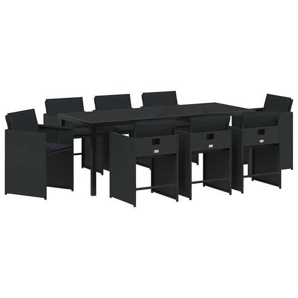 vidaXL Set da Pranzo per Giardino con cuscino 9 pcs Nero polyrattan