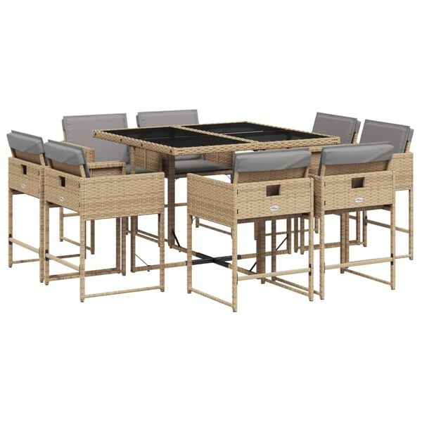 vidaXL Set Pranzo da Giardino 9 pz con Cuscini Beige Misto Polyrattan