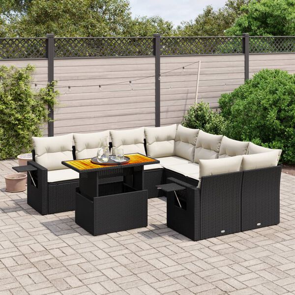 vidaXL Set Divani da Giardino 9 pz con Cuscini Nero in Polyrattan