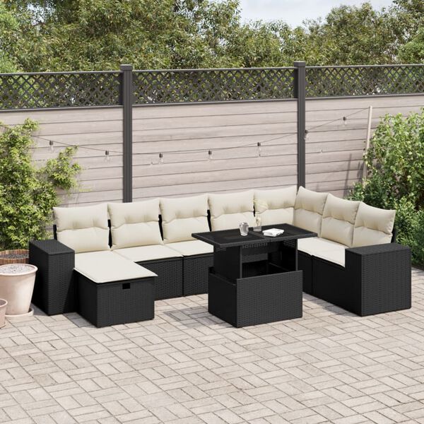 vidaXL Set Divani da Giardino 9 pz con Cuscini Nero in Polyrattan