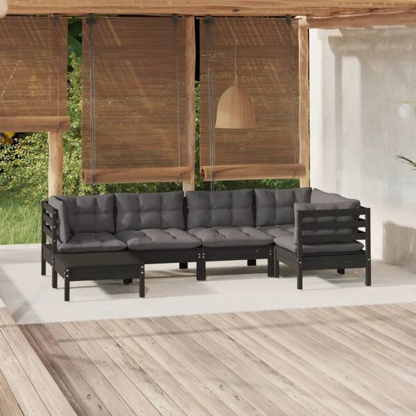 vidaXL Set Divani da Giardino 6 pz con Cuscini Neri in Legno di Pino