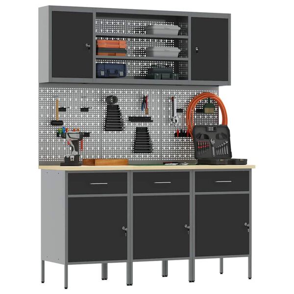 vidaXL Mobile da lavoro 7 pcs Nero Legno ingegnerizzato e acciaio