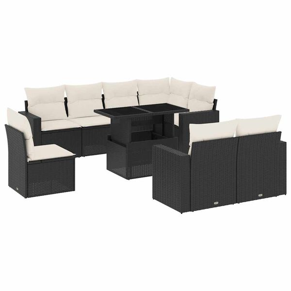 vidaXL Set Divani da Giardino 9 pz con Cuscini Nero in Polyrattan