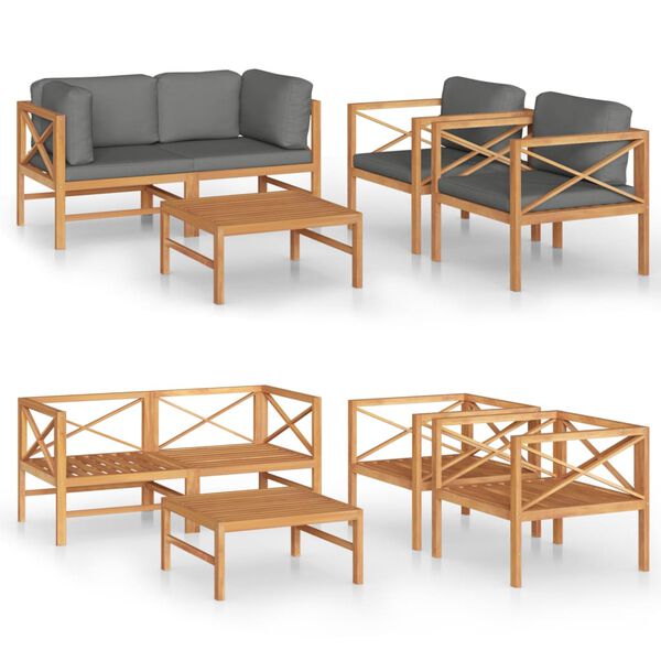 vidaXL Set Divani da Giardino 5pz Cuscini Grigi Legno Massello di Teak