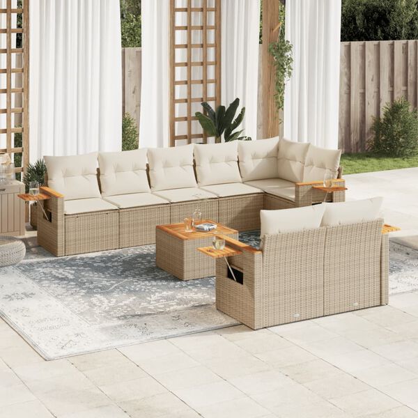 vidaXL Set Divano da Giardino 9 pz con Cuscini Beige in Polyrattan