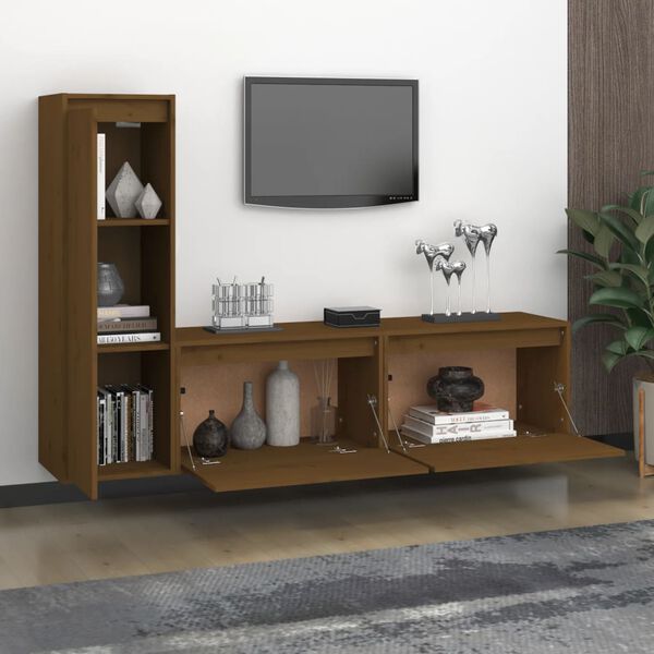 vidaXL Mobili Porta TV 3 pz ambra in Legno Massello di Pino
