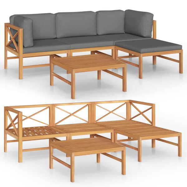 vidaXL Set Divani da Giardino 5pz Cuscini Grigi Legno Massello di Teak