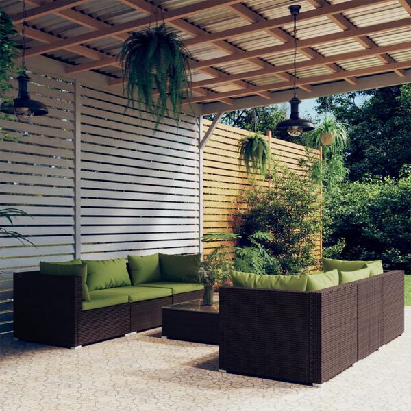 vidaXL Set Divani da Giardino 7 pz con Cuscini in Polyrattan Marrone