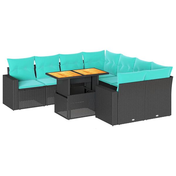 vidaXL Set Divani da Giardino 9 pz con Cuscini Nero in Polyrattan