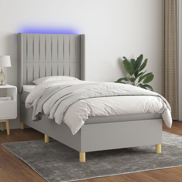 vidaXL Letto a Molle Materasso e LED Grigio Chiaro 100x200 cm Tessuto