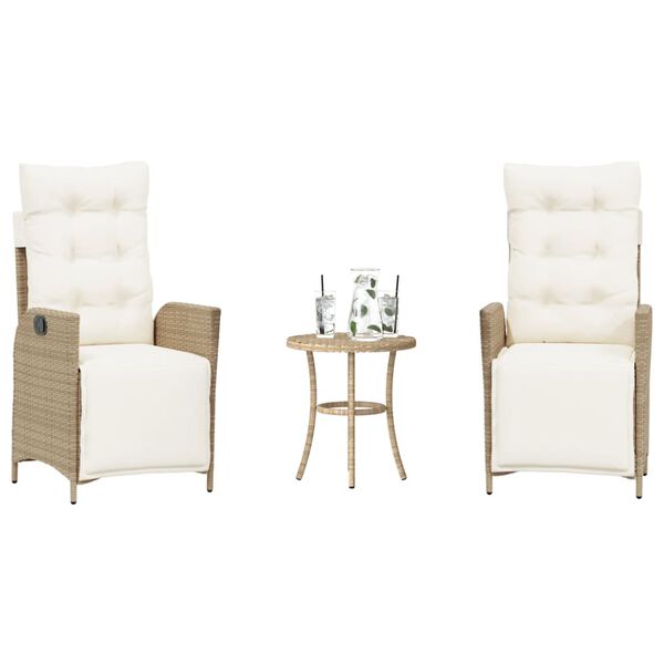 vidaXL Set da Bistr&ograve; 3 pz con Cuscini Beige in Polyrattan