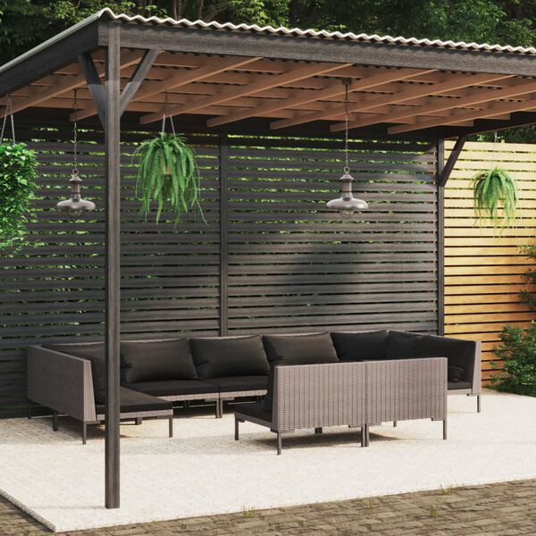 vidaXL Set Divani da Giardino 9 pz con Cuscini Polyrattan Grigio Scuro