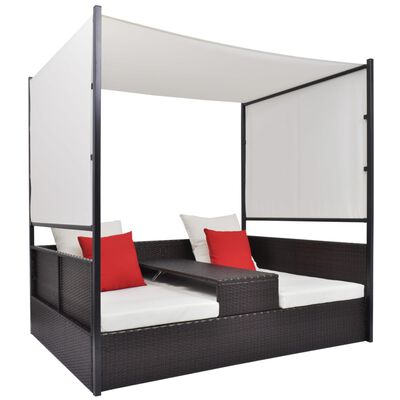 VidaXL Lettino Con Tetto Rotondo Grigio 211x57x140 Cm In Polyrattan - Sdraio Da Giardino Con Cuscino E Schienale Regolabile