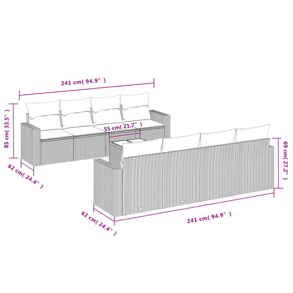 vidaXL Set Divano da Giardino 9pz con Cuscini Grigio Chiaro Polyrattan