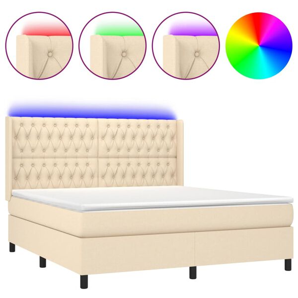 vidaXL Letto a Molle con Materasso e LED Crema 160x200 cm in Tessuto