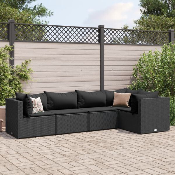 vidaXL Set Divani da Giardino 5 pz con Cuscini Nero in Polyrattan