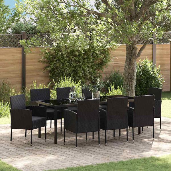 vidaXL Set da Pranzo per Giardino con cuscino 9 pcs Nero polyrattan