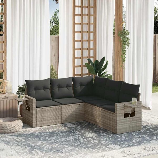 vidaXL Set Divano da Giardino 5pz con Cuscini Grigio Chiaro Polyrattan