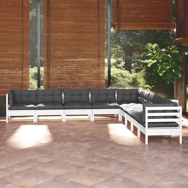 vidaXL Set Divani da Giardino 9 pz con Cuscini Bianchi Legno di Pino