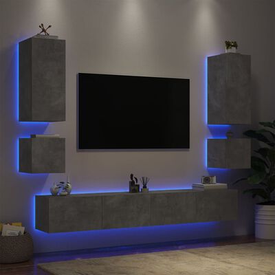 vidaXL Mobili TV a Muro 6pz con Luci LED Grigio Cemento