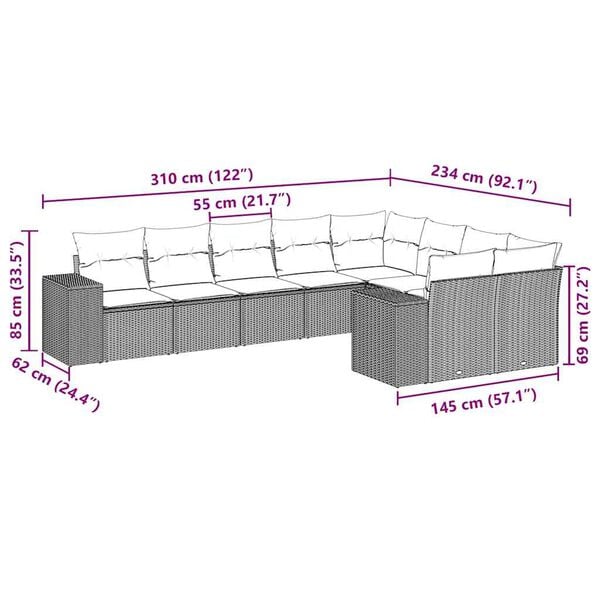 vidaXL Set Divani da Giardino 9 pz con Cuscini Nero in Polyrattan