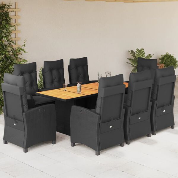 vidaXL Set da Pranzo da Giardino 9 pz con Cuscini Nero in Polyrattan