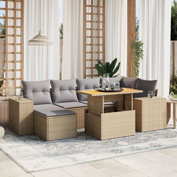 vidaXL Set Divani da Giardino 7 pz con Cuscini Beige in Polyrattan