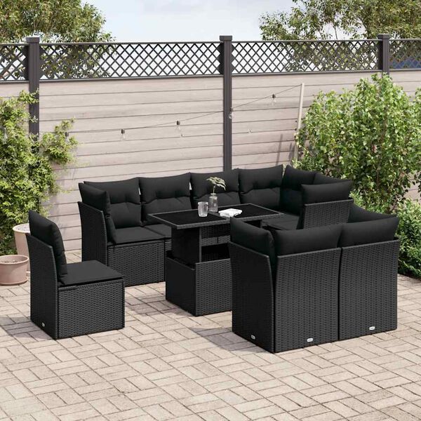 vidaXL Set Divani da Giardino 9 pz con Cuscini Nero in Polyrattan