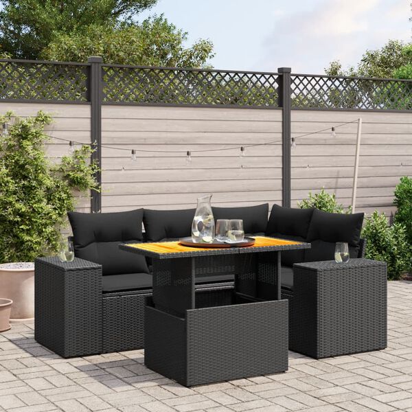 vidaXL Set Divani da Giardino 5 pz con Cuscini in Polyrattan Nero