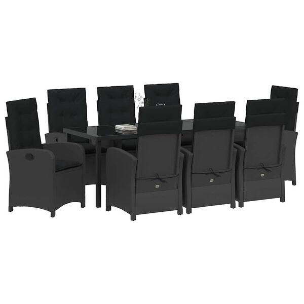 vidaXL Set da Pranzo per Giardino con cuscino 9 pcs Nero polyrattan