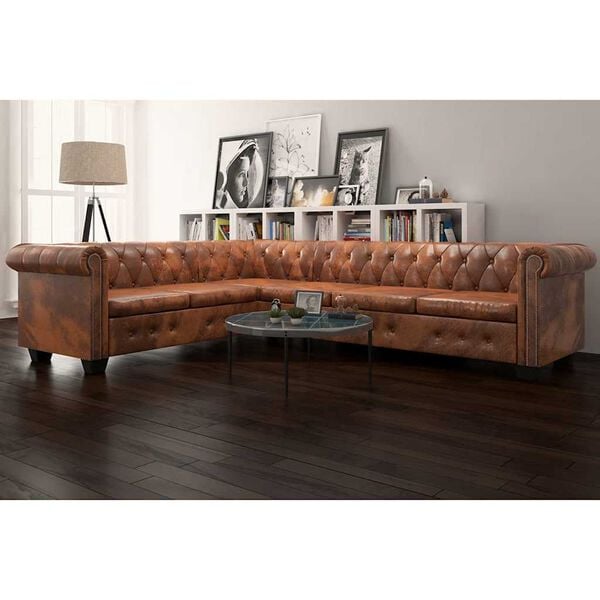 vidaXL Divano Angolare Chesterfield 6 posti Pelle Artificiale Marrone