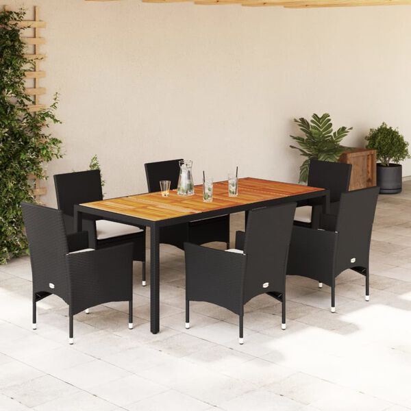 vidaXL Set Pranzo da Giardino 7 pz Nero con Cuscini Polyrattan Acacia